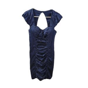 GUESS blue and white polkadot ruched satin mini dress size 8 runs small